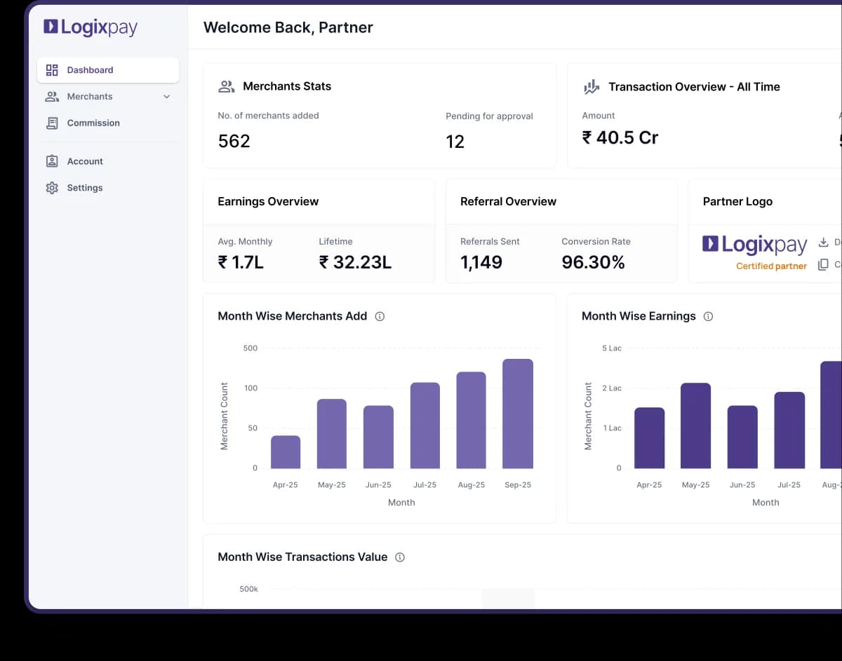 Logixpay partner dashboard showing merchant stats and earnings