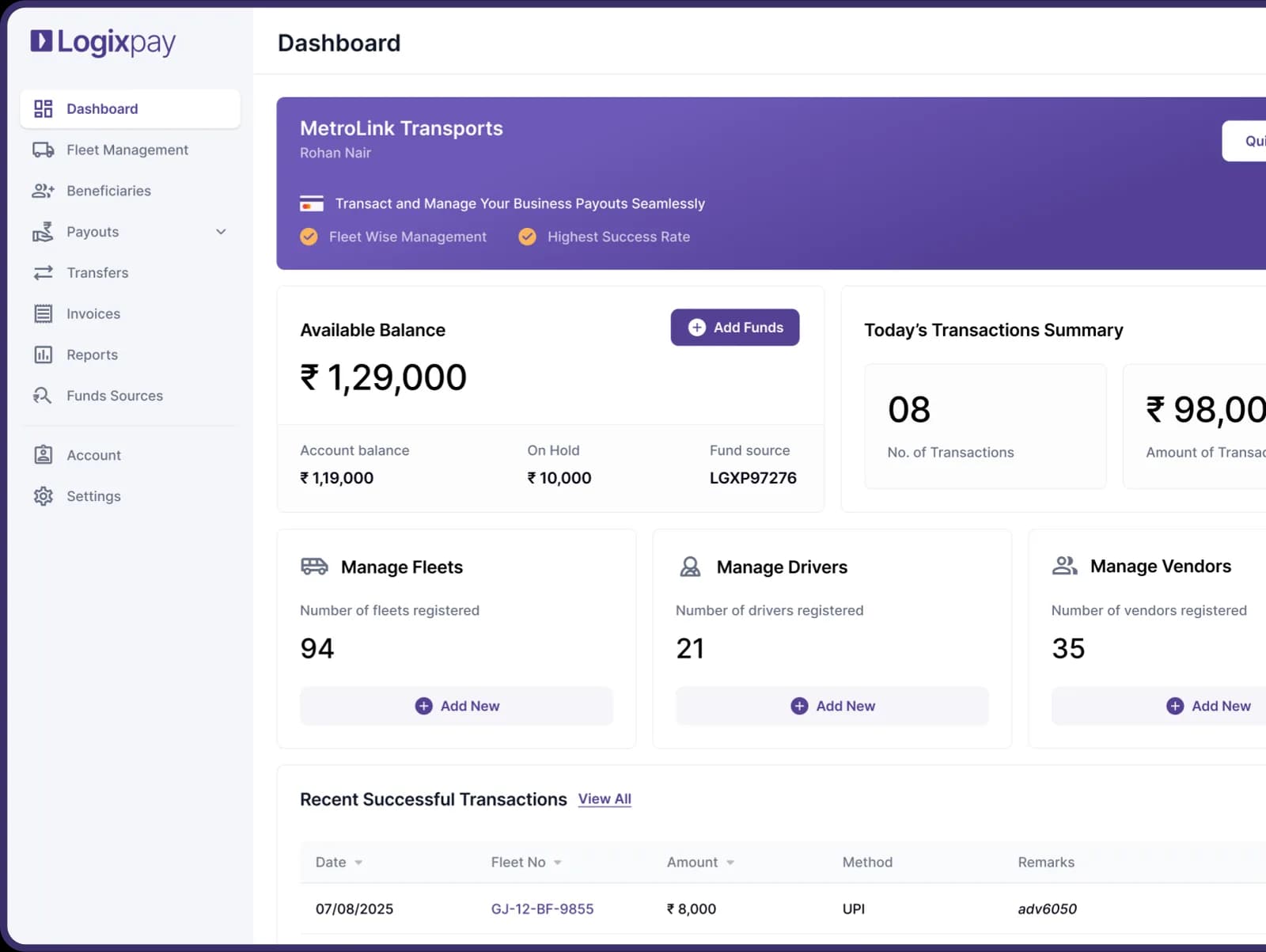 Logixpay dashboard showing available balance, fleets, drivers, vendors and recent transactions